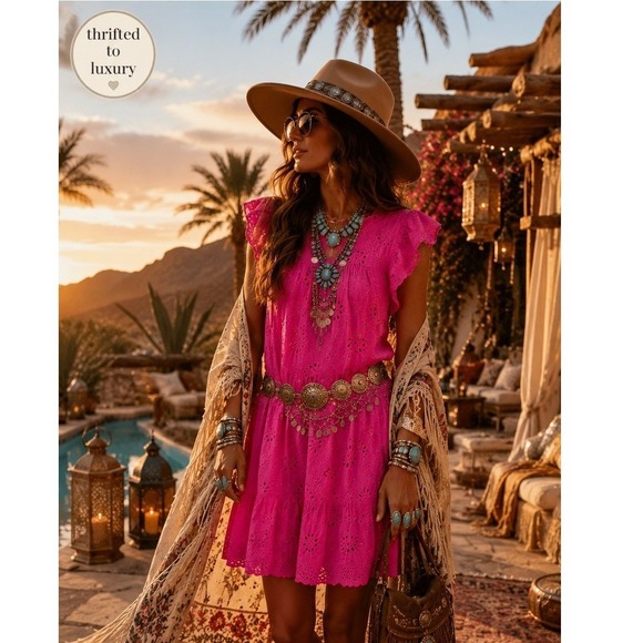 Ryan Michelle Dresses & Skirts - Ryan Michelle Hot Pink Eyelet Lace Mini Dress Cotton Ruffle Tiered Boho M